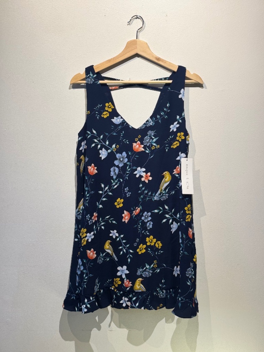 Navy V Neck Slip Mini Dress with Bird and Floral Pattern